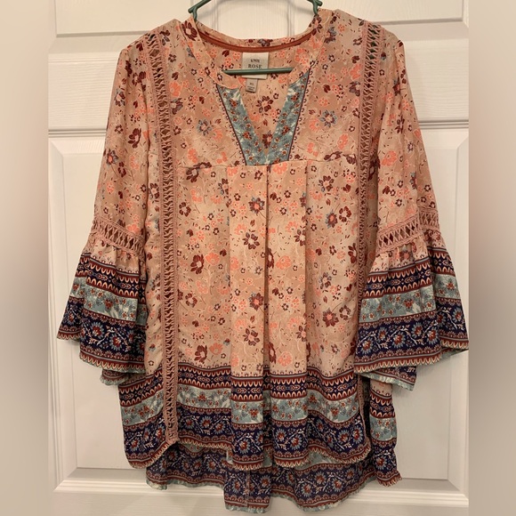 Knox Rose Size XL blouse. Flowy Boho style multicolor floral on pink background. - Picture 1 of 2